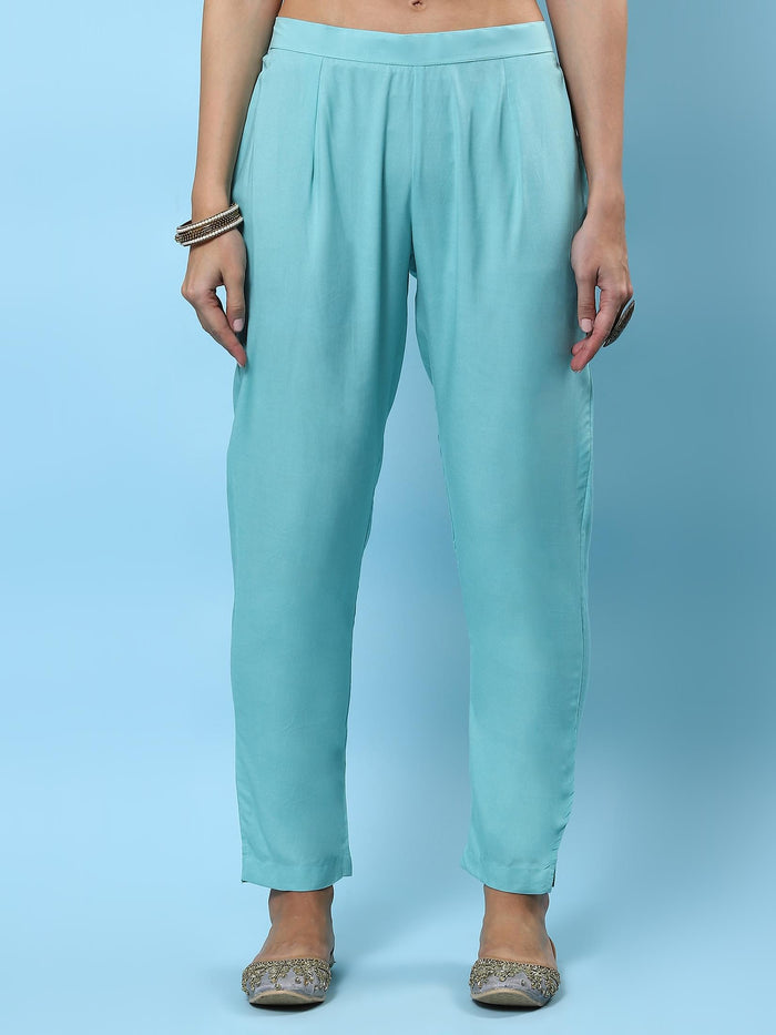 Women Turquoise Blue Floral Printed Kurta Trouser Dupatta.