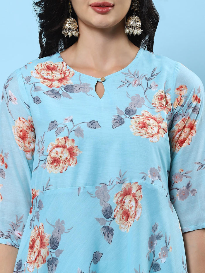 Women Turquoise Blue Floral Printed Kurta Trouser Dupatta.
