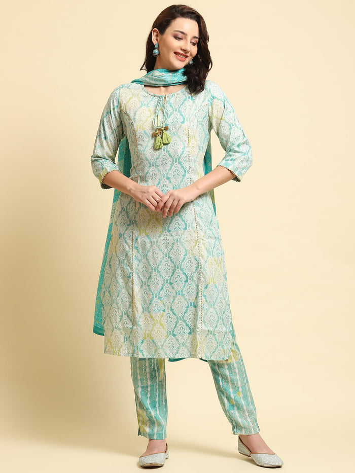 Women Turquoise Blue Ornamental Printed Kurta Trouser Dupatta.