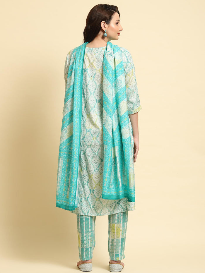 Women Turquoise Blue Ornamental Printed Kurta Trouser Dupatta.