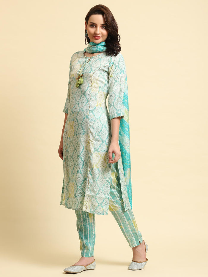 Women Turquoise Blue Ornamental Printed Kurta Trouser Dupatta.