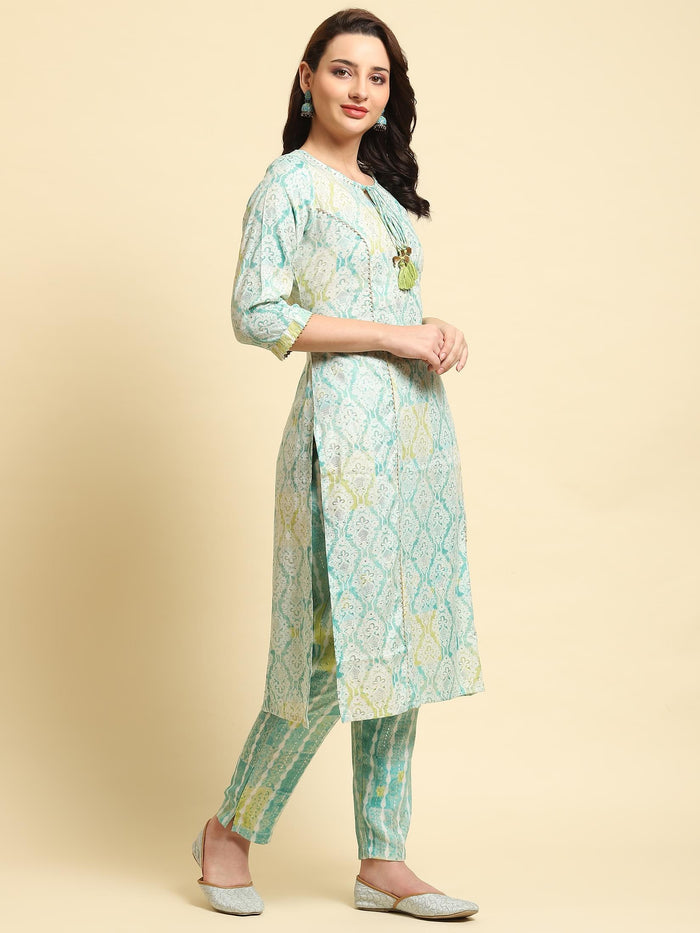 Women Turquoise Blue Ornamental Printed Kurta Trouser Dupatta.