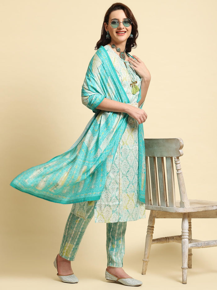 Women Turquoise Blue Ornamental Printed Kurta Trouser Dupatta.