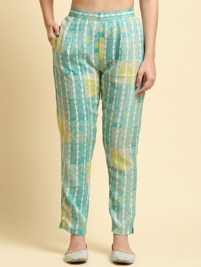 Women Turquoise Blue Ornamental Printed Kurta Trouser Dupatta.