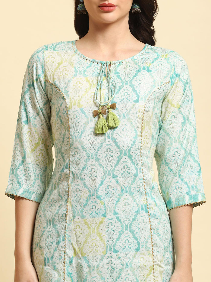 Women Turquoise Blue Ornamental Printed Kurta Trouser Dupatta.
