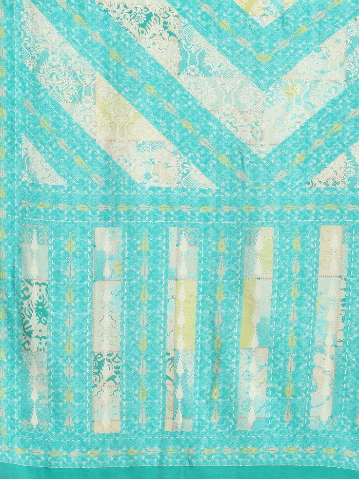 Women Turquoise Blue Ornamental Printed Kurta Trouser Dupatta.