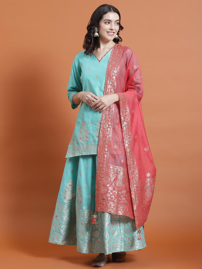 Women Turquoise Blue Printed Kurti Skirt Dupatta.