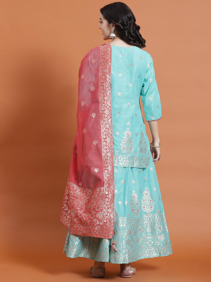 Women Turquoise Blue Printed Kurti Skirt Dupatta.