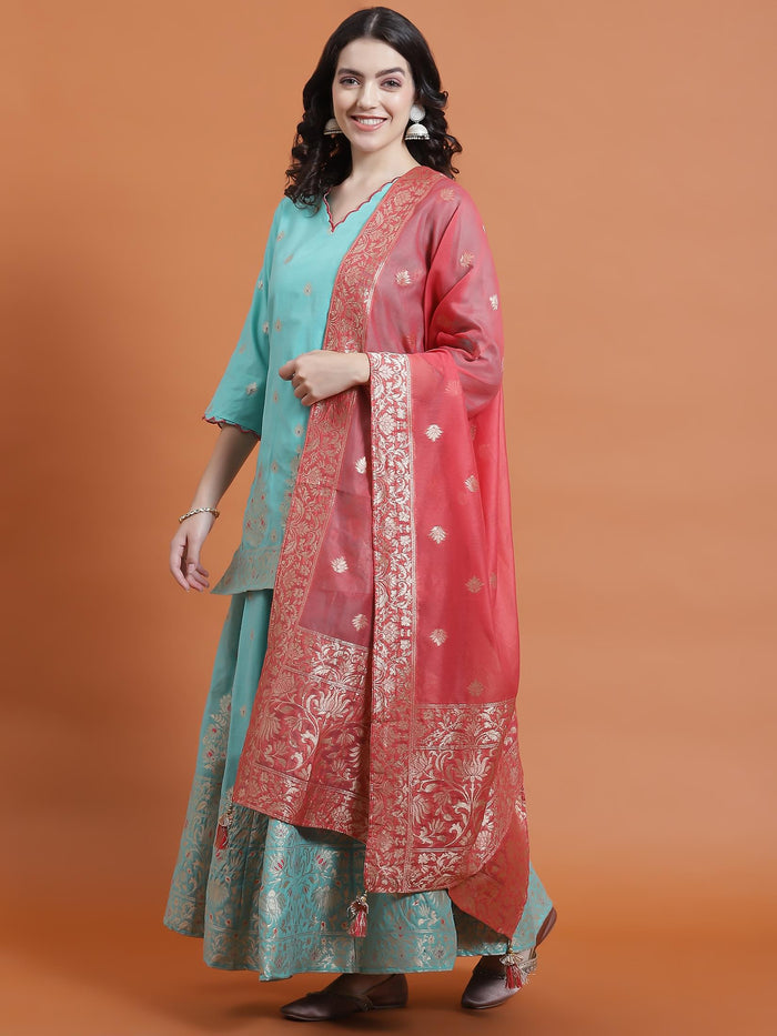 Women Turquoise Blue Printed Kurti Skirt Dupatta.