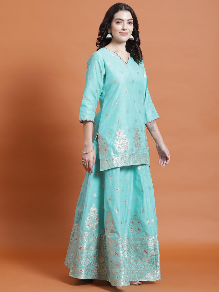 Women Turquoise Blue Printed Kurti Skirt Dupatta.