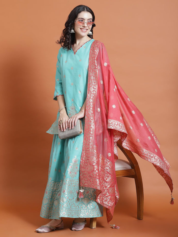 Women Turquoise Blue Printed Kurti Skirt Dupatta.