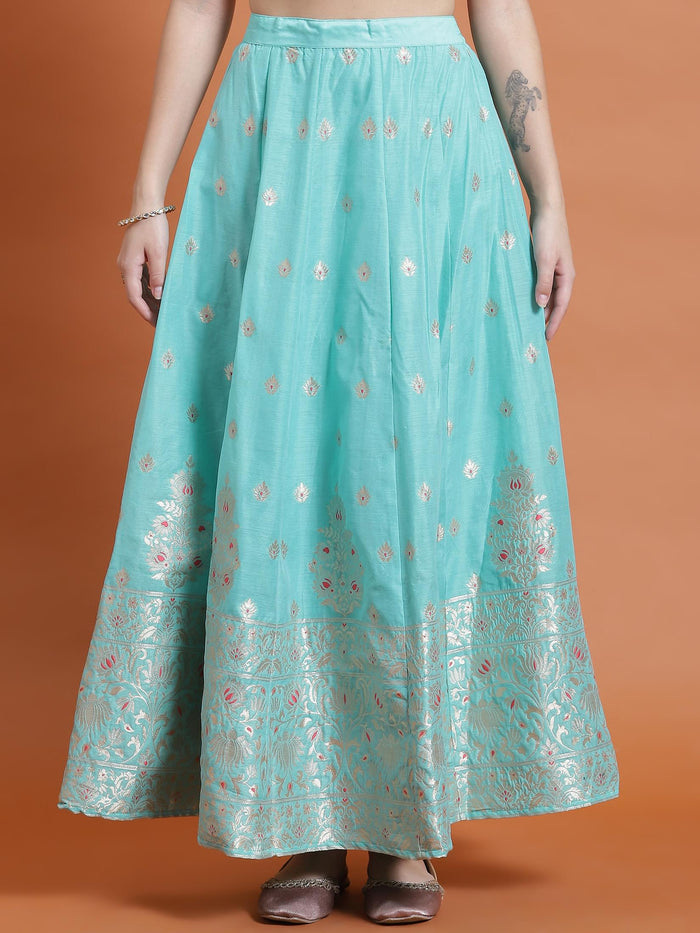 Women Turquoise Blue Printed Kurti Skirt Dupatta.