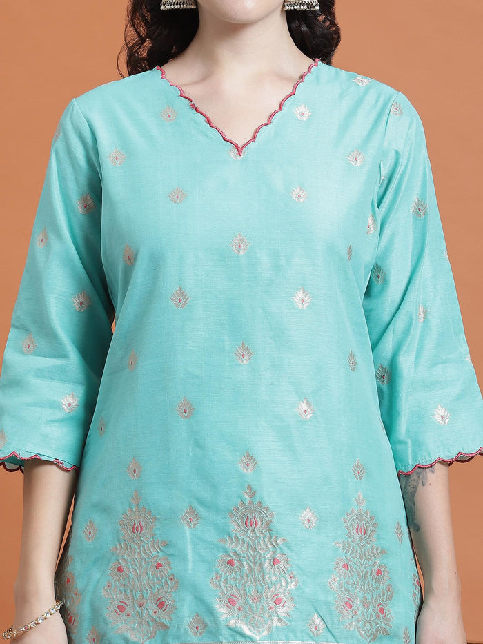 Women Turquoise Blue Printed Kurti Skirt Dupatta.