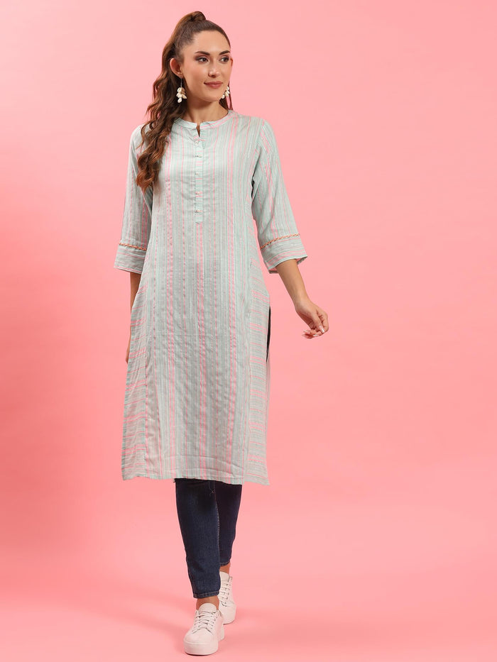 Women Turquoise Blue Stripe Printed Kurta.