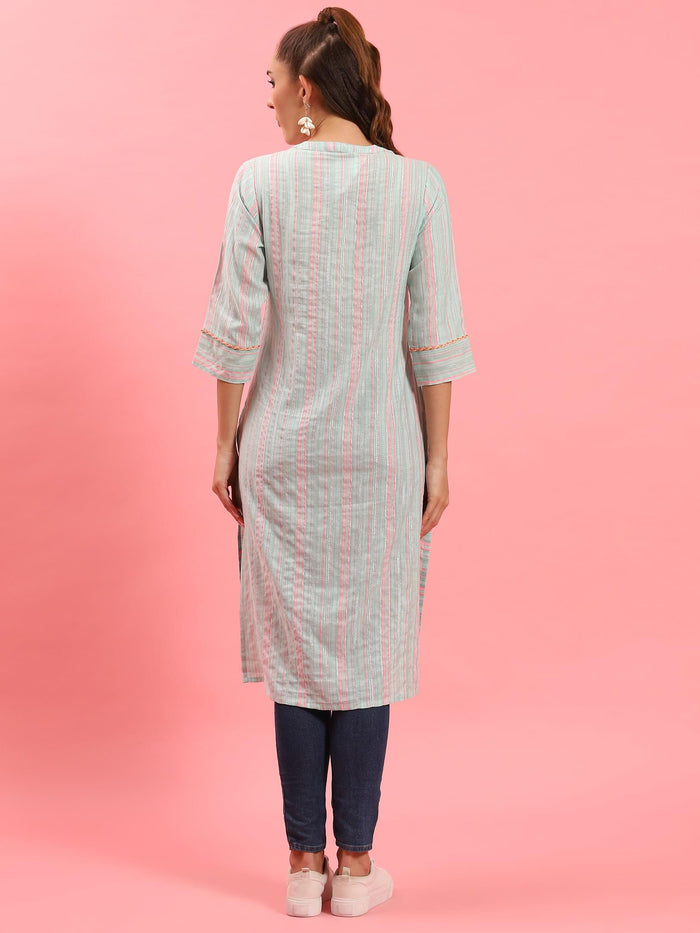 Women Turquoise Blue Stripe Printed Kurta.