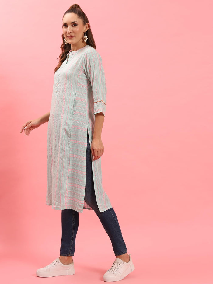 Women Turquoise Blue Stripe Printed Kurta.