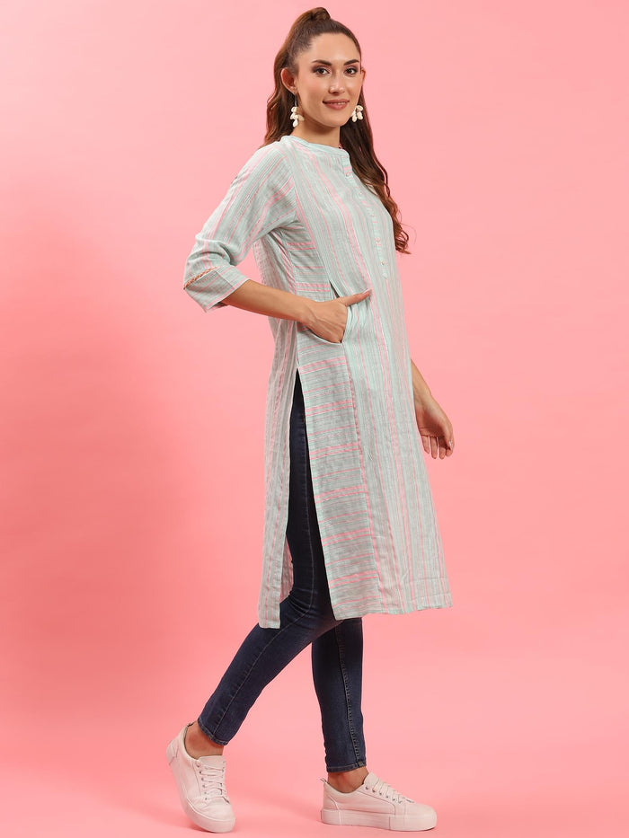 Women Turquoise Blue Stripe Printed Kurta.