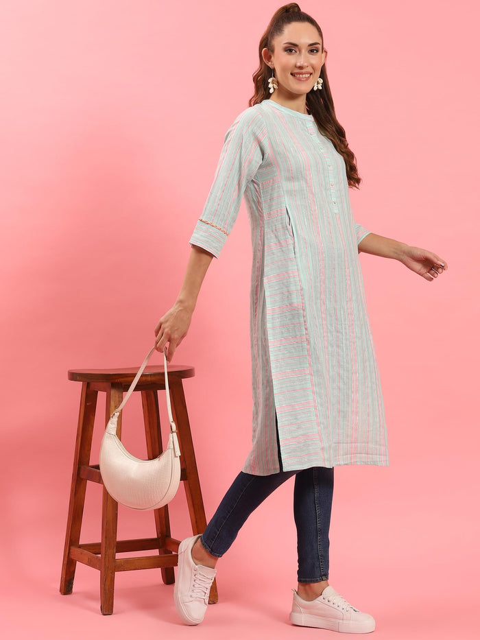 Women Turquoise Blue Stripe Printed Kurta.