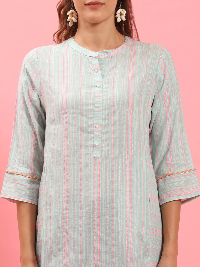 Women Turquoise Blue Stripe Printed Kurta.