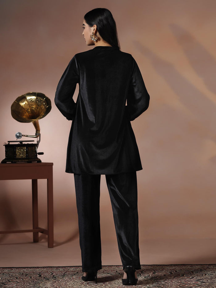 Women Velvet Black Solid Co-Ord Set.