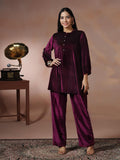 Women Velvet Wine Solid Co-Ord Set.