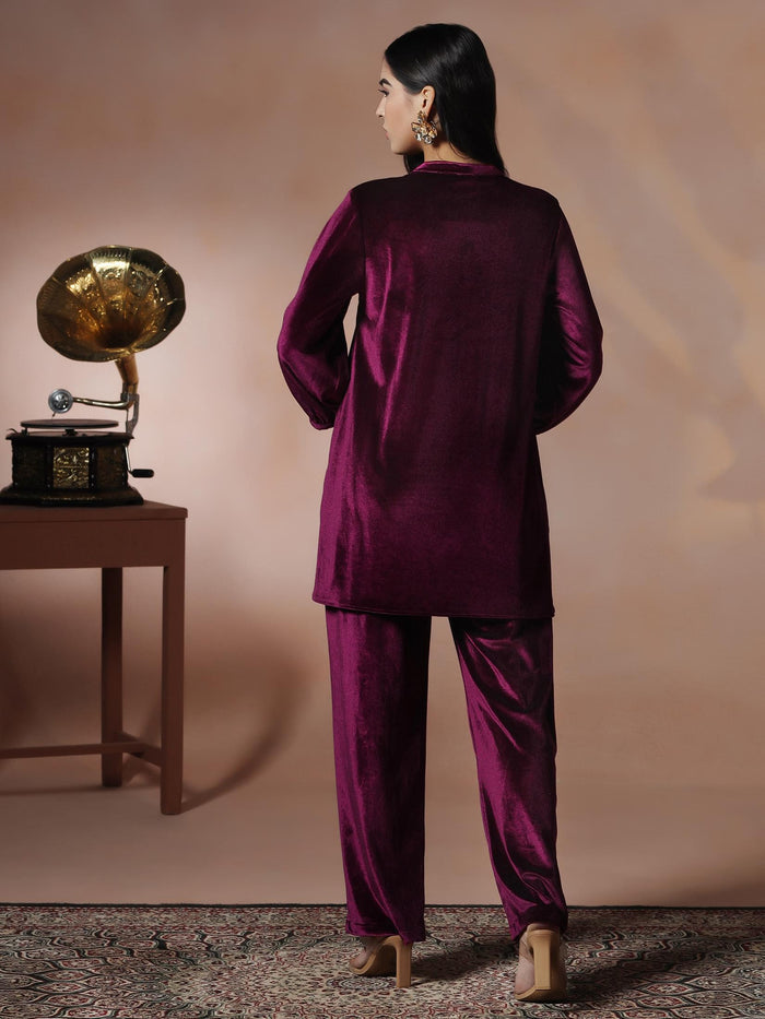 Women Velvet Wine Solid Co-Ord Set.