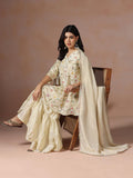 Women Viscose Beige Embroidered Kurta Sharara Dupatta.