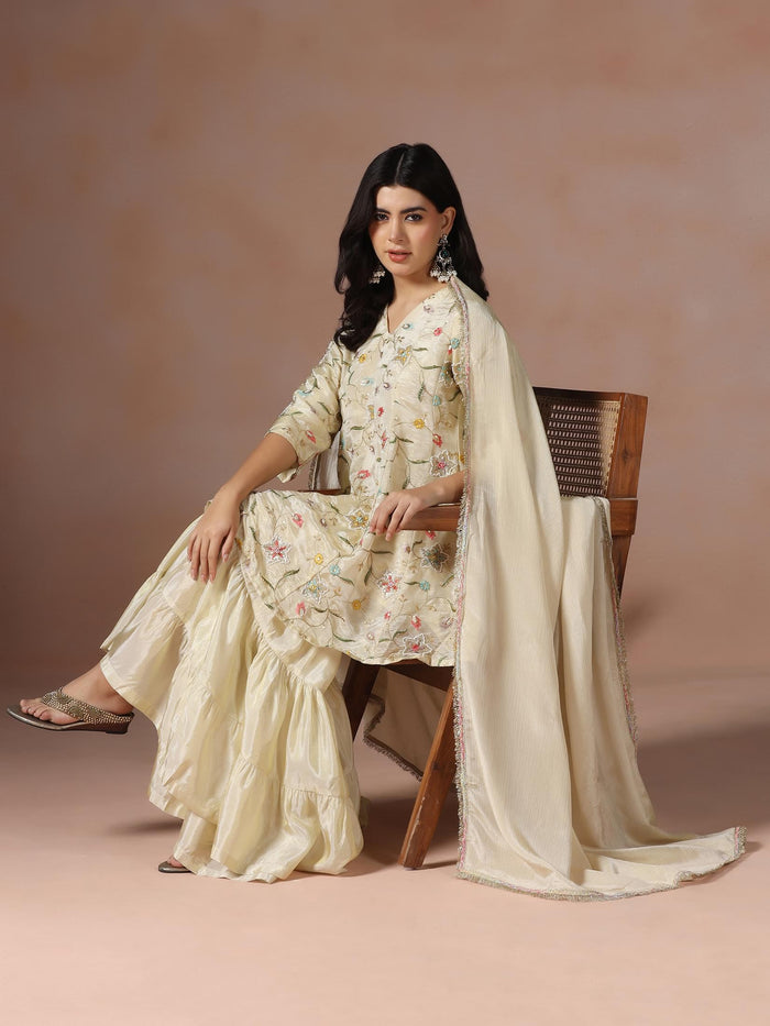Women Viscose Beige Embroidered Kurta Sharara Dupatta.