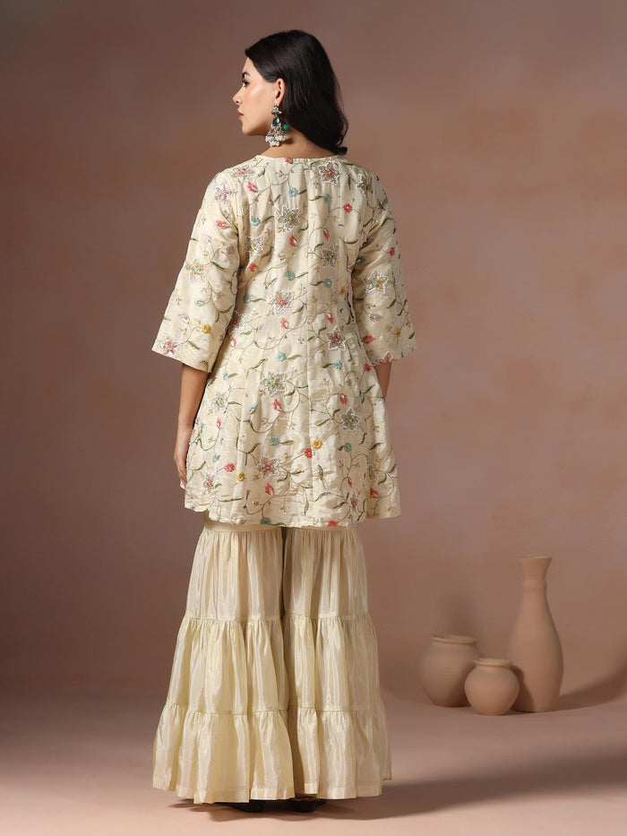 Women Viscose Beige Embroidered Kurta Sharara Dupatta.