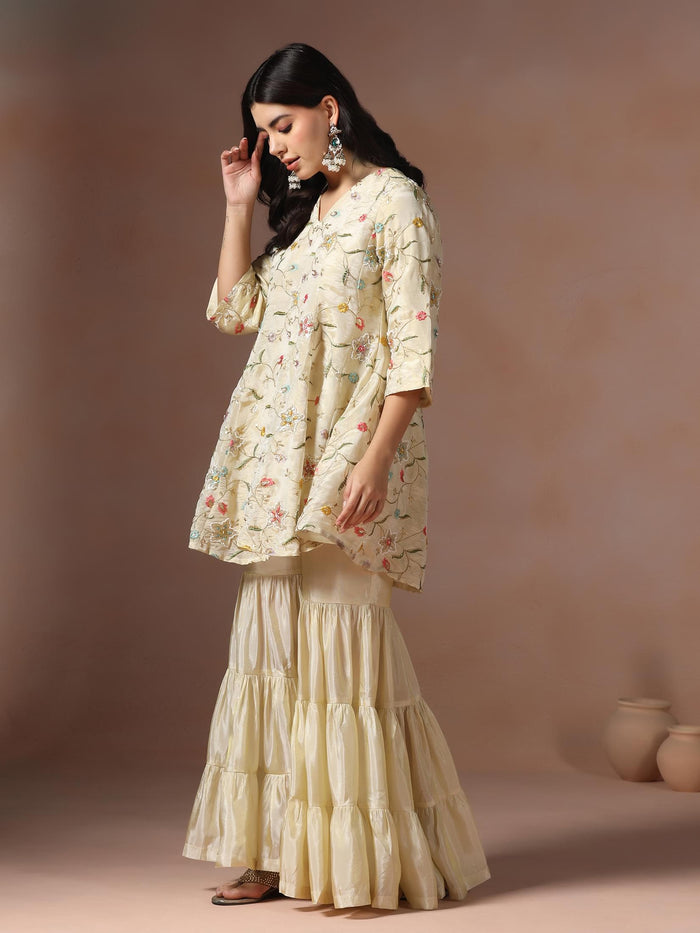 Women Viscose Beige Embroidered Kurta Sharara Dupatta.