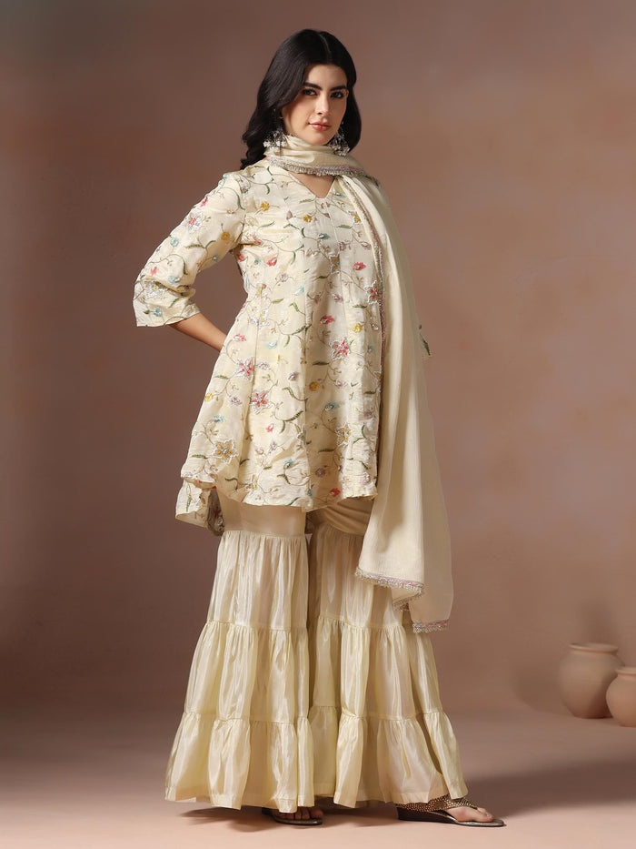 Women Viscose Beige Embroidered Kurta Sharara Dupatta.
