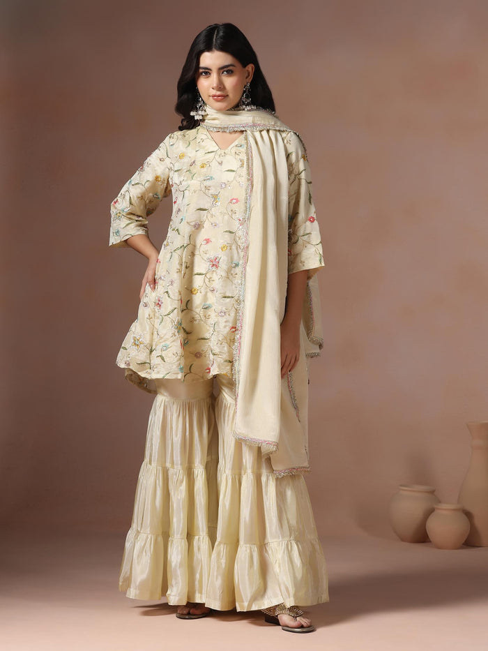 Women Viscose Beige Embroidered Kurta Sharara Dupatta.