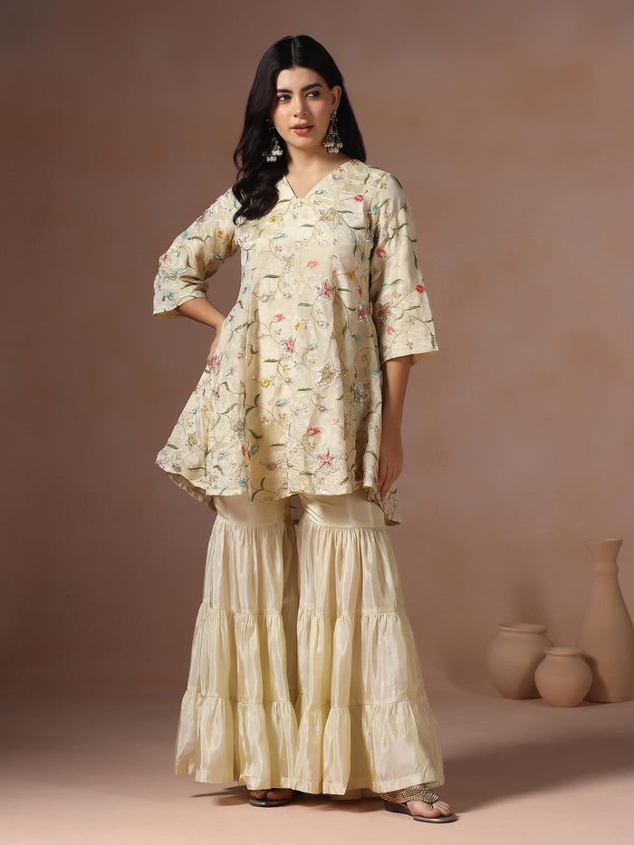 Women Viscose Beige Embroidered Kurta Sharara Dupatta.