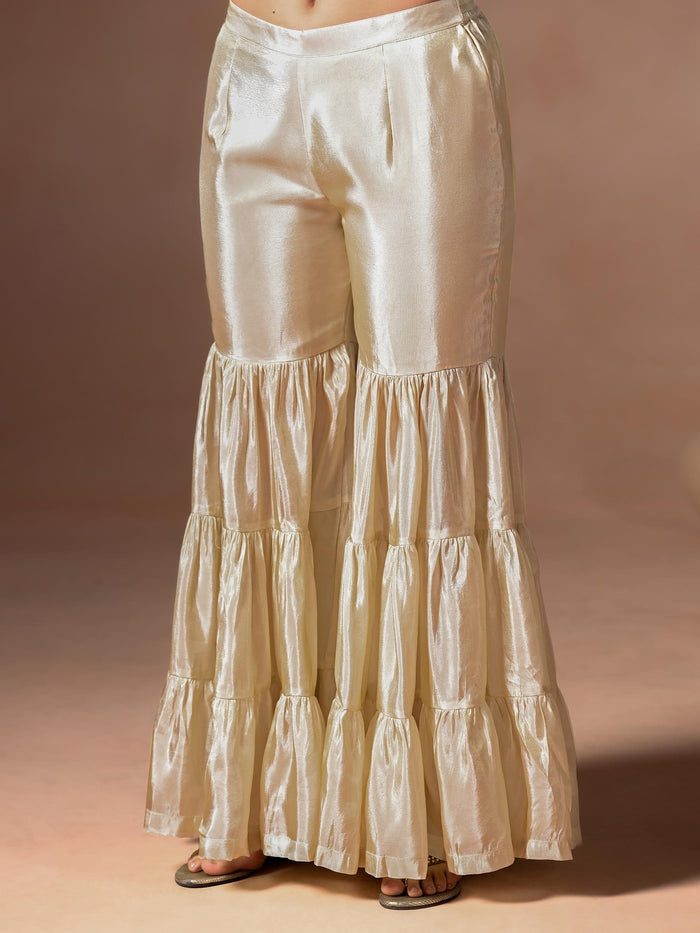 Women Viscose Beige Embroidered Kurta Sharara Dupatta.