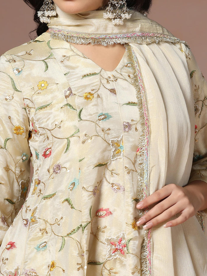 Women Viscose Beige Embroidered Kurta Sharara Dupatta.