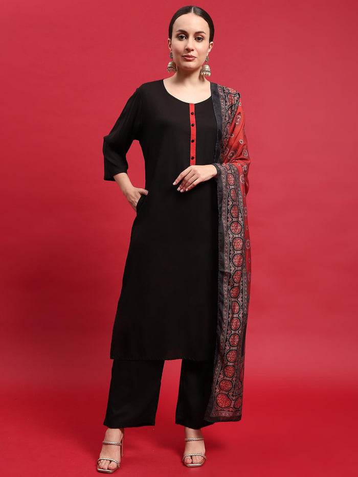 Women Viscose Black Solid Kurta Comfort Pant Dupatta.
