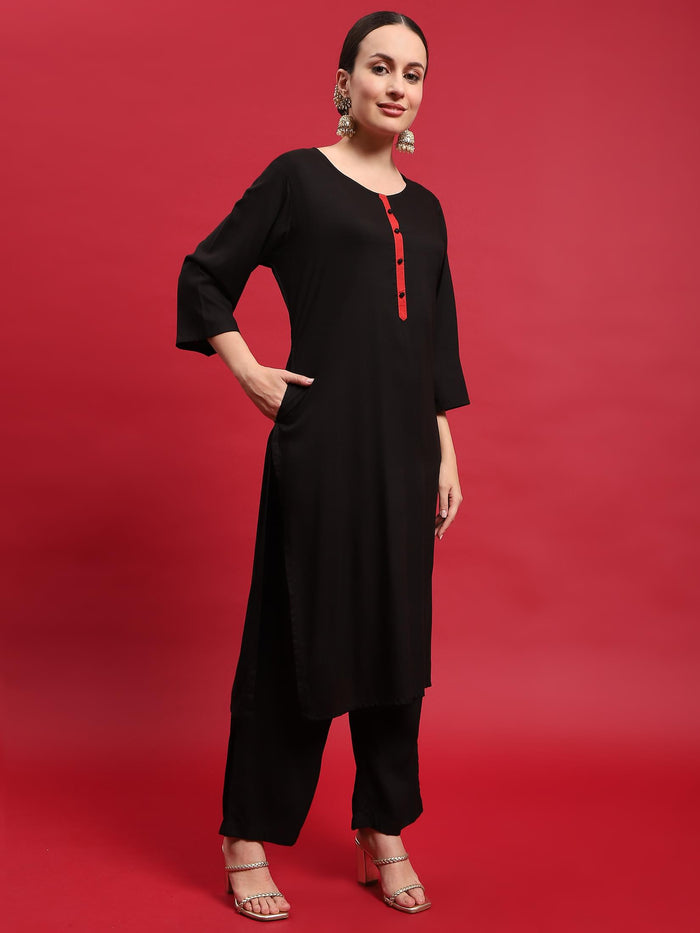 Women Viscose Black Solid Kurta Comfort Pant Dupatta.