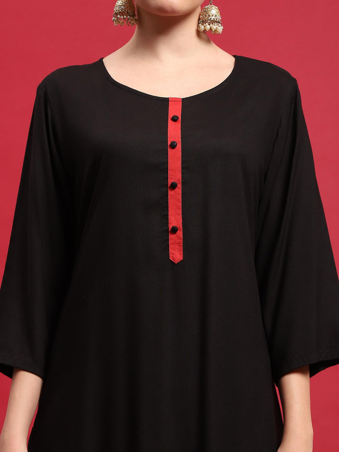 Women Viscose Black Solid Kurta Comfort Pant Dupatta.