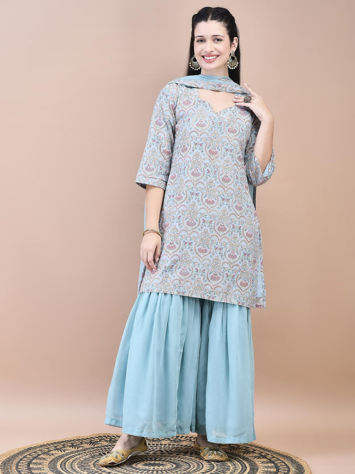 Women Viscose Blue Embroidered Kurta Sharara Dupatta.