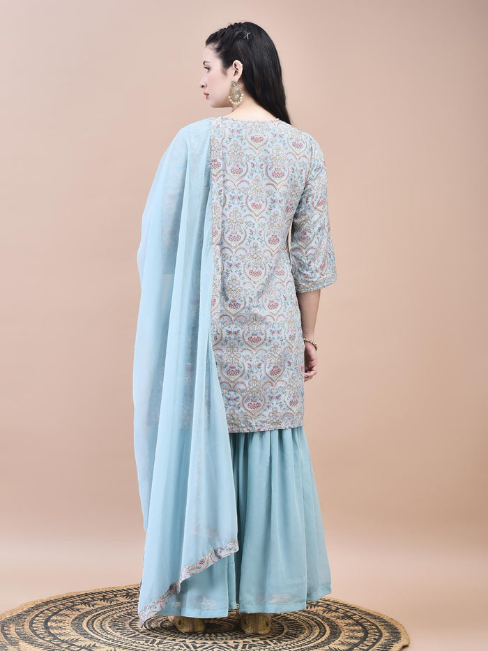 Women Viscose Blue Embroidered Kurta Sharara Dupatta.