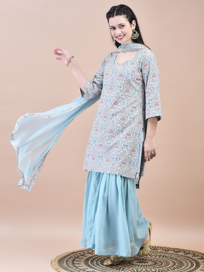 Women Viscose Blue Embroidered Kurta Sharara Dupatta.