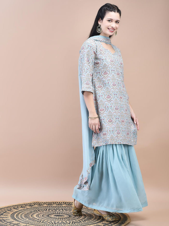 Women Viscose Blue Embroidered Kurta Sharara Dupatta.