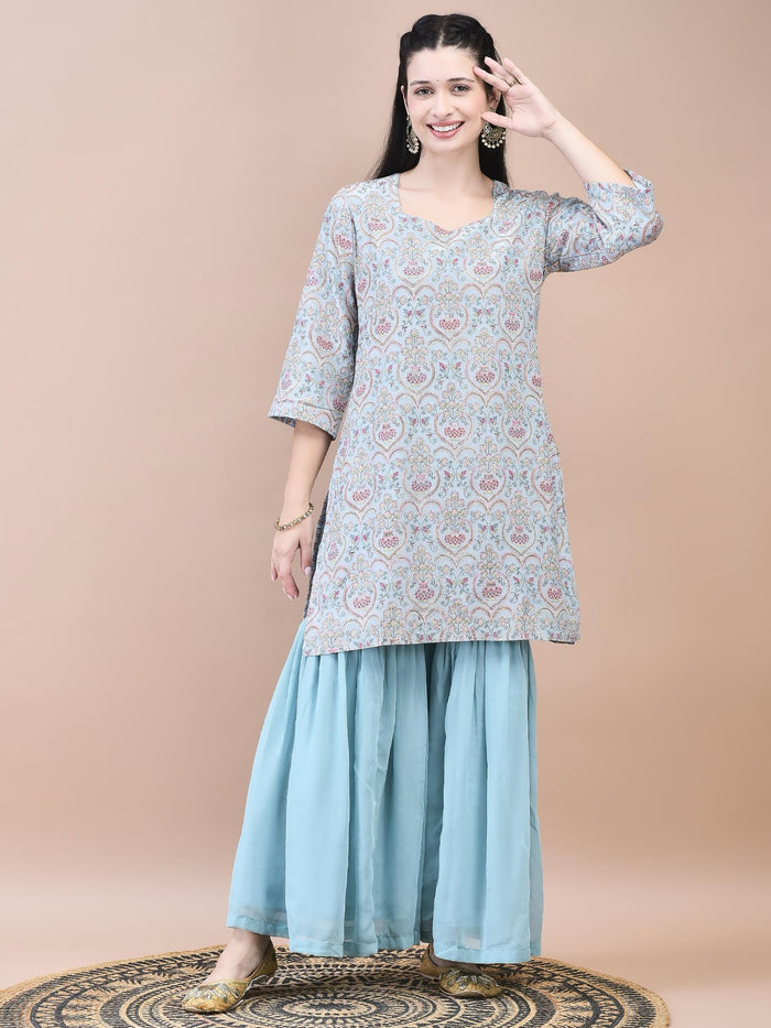 Women Viscose Blue Embroidered Kurta Sharara Dupatta.