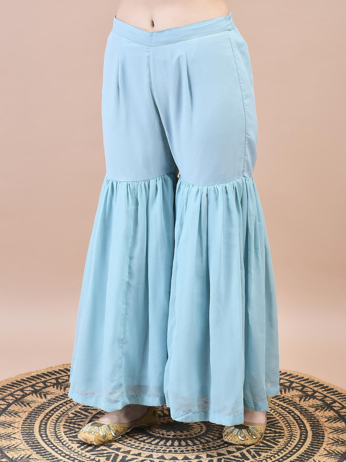 Women Viscose Blue Embroidered Kurta Sharara Dupatta.