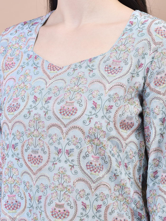 Women Viscose Blue Embroidered Kurta Sharara Dupatta.