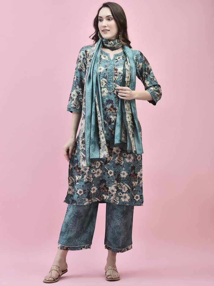 Women Viscose Blue Floral Print Kurta Comfort Pant Dupatta.