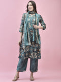 Women Viscose Blue Floral Print Kurta Comfort Pant Dupatta.