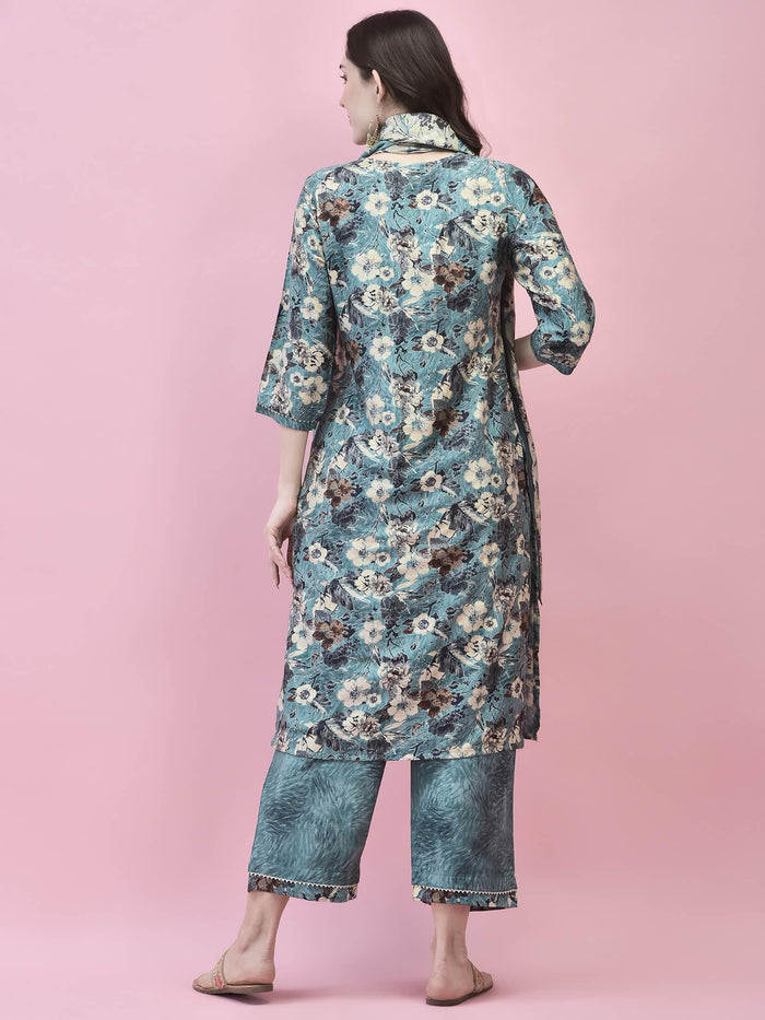 Women Viscose Blue Floral Print Kurta Comfort Pant Dupatta.