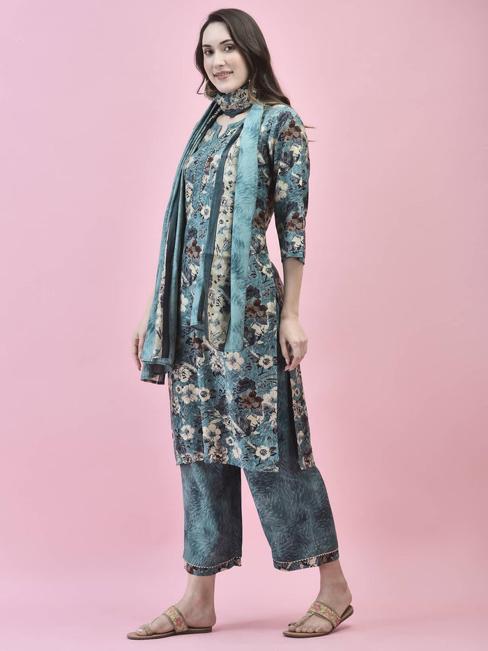 Women Viscose Blue Floral Print Kurta Comfort Pant Dupatta.