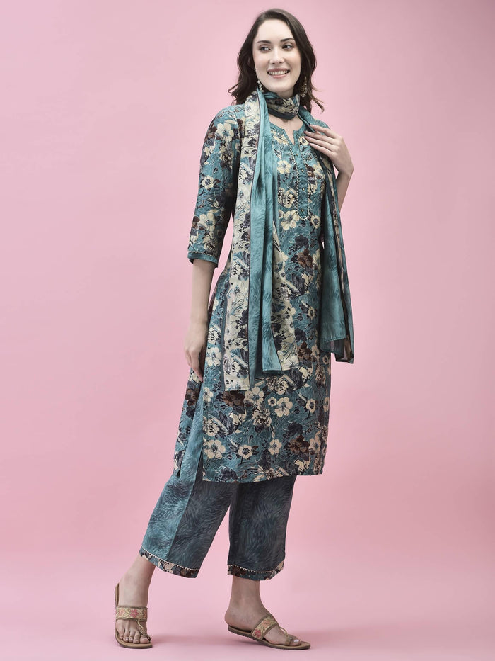 Women Viscose Blue Floral Print Kurta Comfort Pant Dupatta.